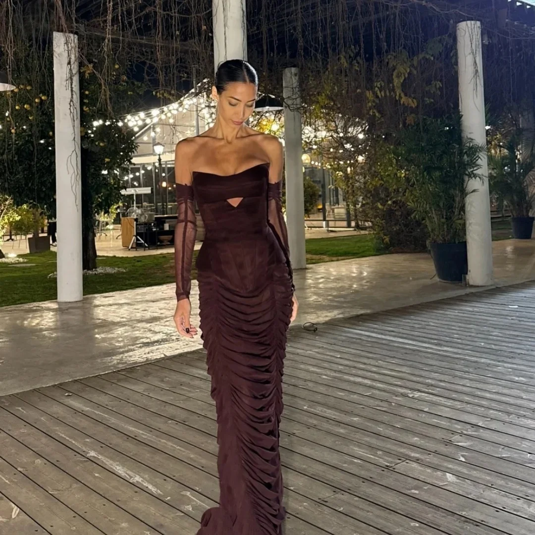 Brown Sheer Party Long Bespoke Occasion Gown Evening Dresses Prom Pastrol Unisex Jersey Retro Dubai Saudi Arabic Customized