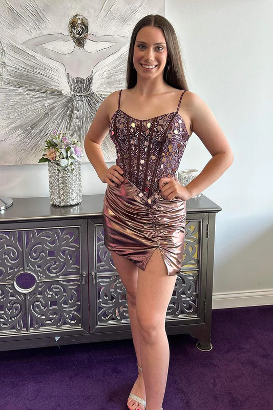 Brown Sweetheart Beaded Bodycon Short Homecoming Dresses with Slit
