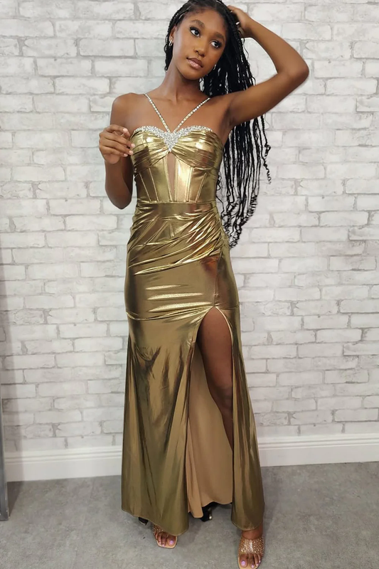 Charming Mermaid Sweetheart Gold Metallic Satin Prom Dress with Beading