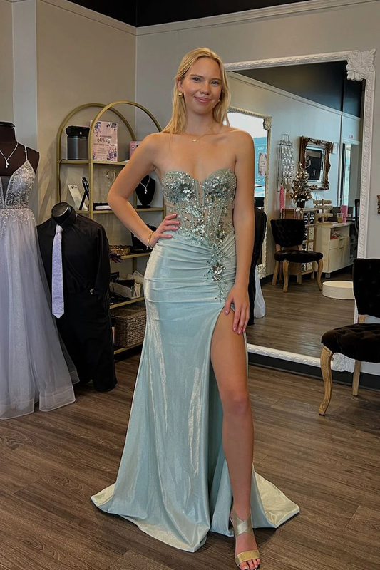Charming Mermaid Sweetheart Sage Green Slit Prom Dresses with Appliques