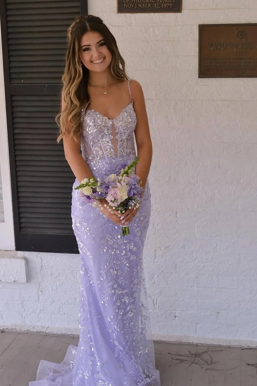 Mermaid One Shoulder Long Sleeve Lavender Sequins Long Prom Dresses with Slit VK25031608