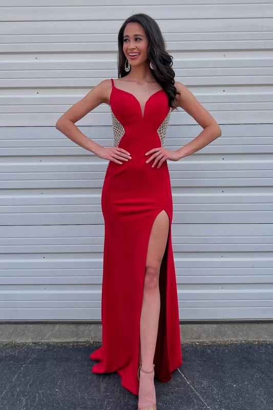 Charming Mermaid V Neck Red Satin Long Prom Dress with Beading