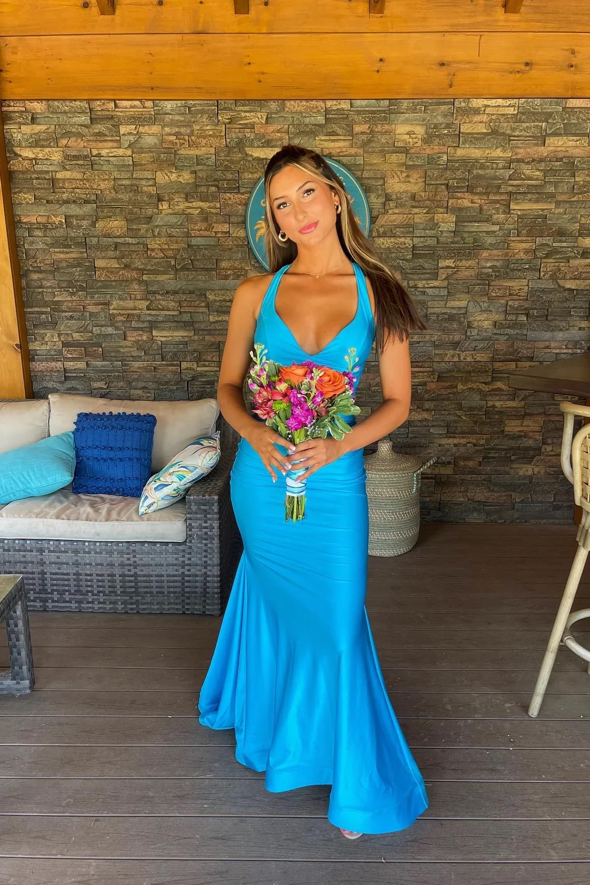 Charming Mermaid V Neck Stretch Satin Blue Prom Dress