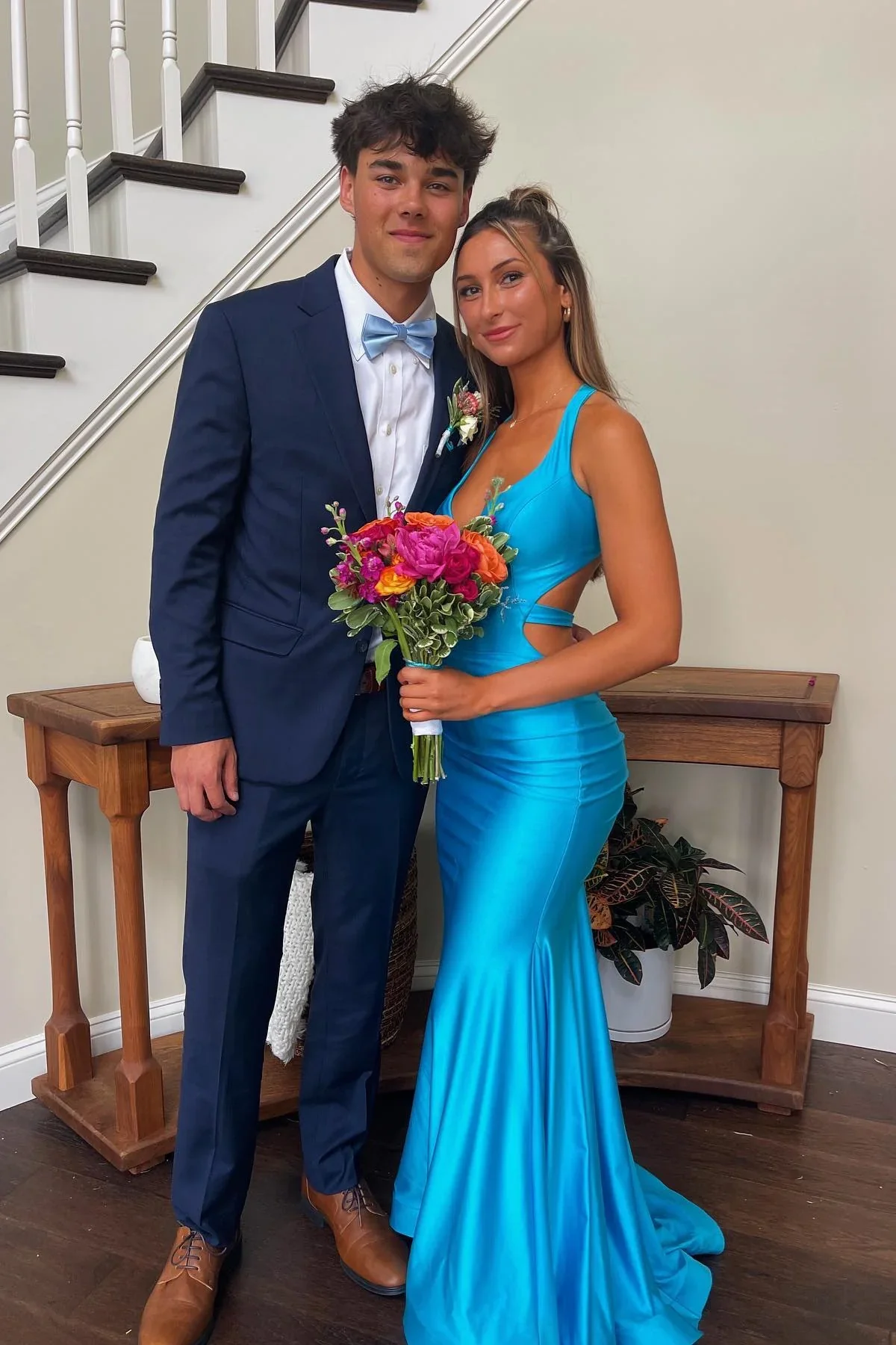 Charming Mermaid V Neck Stretch Satin Blue Prom Dress