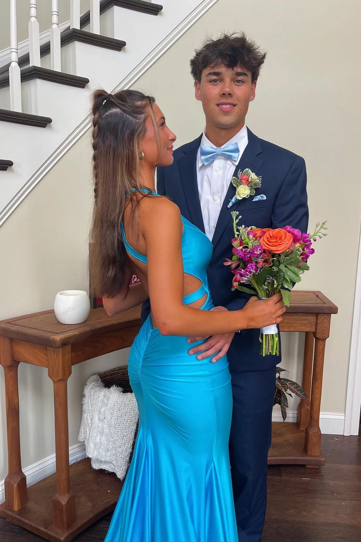 Charming Mermaid V Neck Stretch Satin Blue Prom Dress