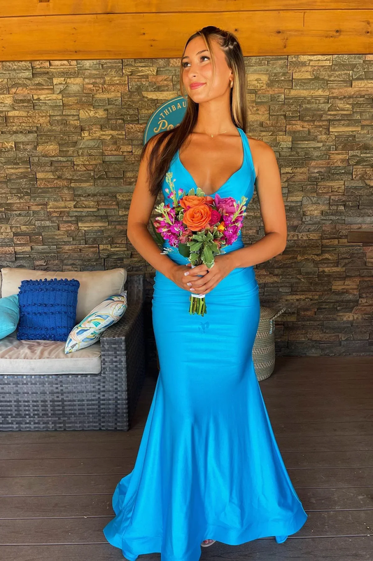 Charming Mermaid V Neck Stretch Satin Blue Prom Dress