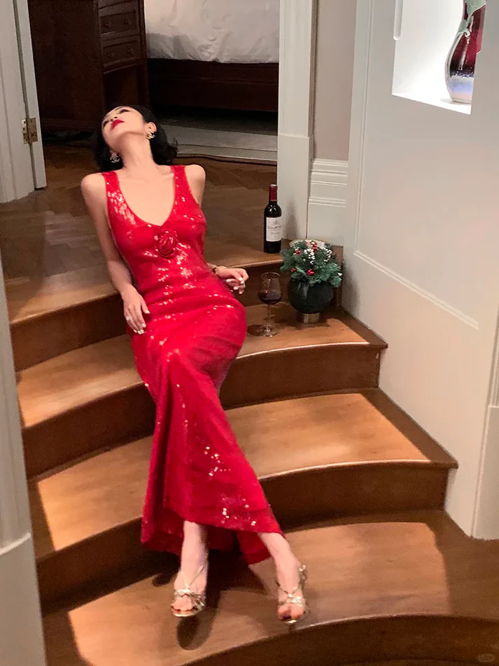 Charming Red Mermaid Halter Sequin Open Back Prom Dress Evening Dress