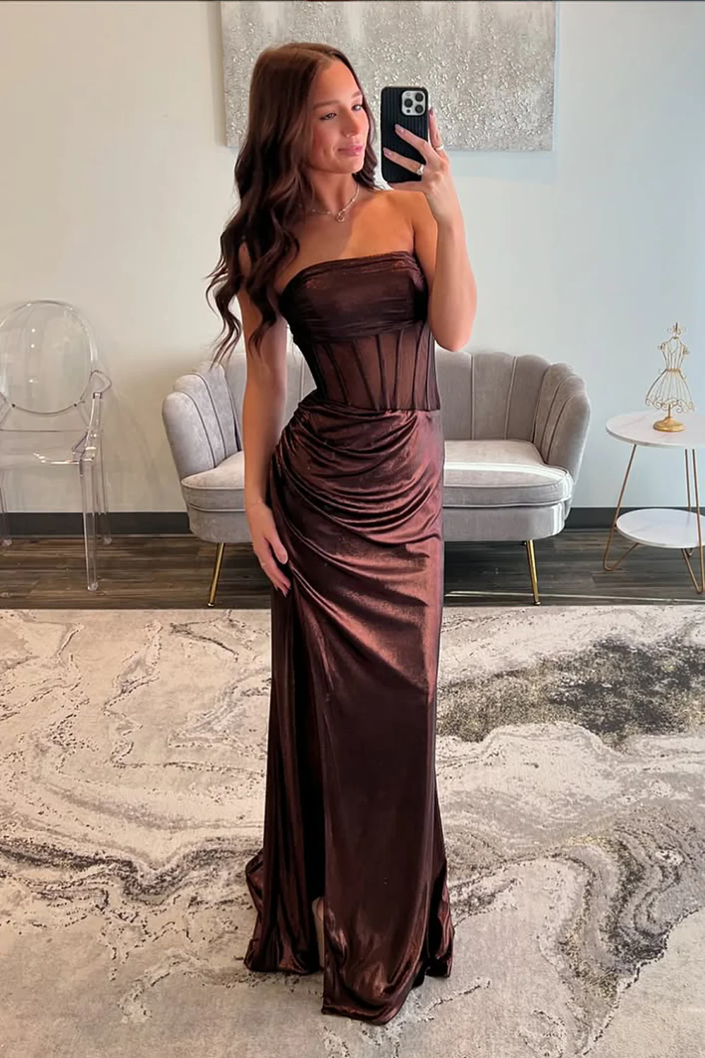 Charming Sheath Strapless Dark Brown Metallic Satin Prom Dress with Slit