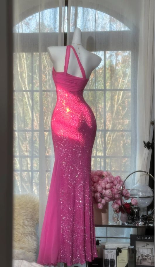 Chic Pink Long Prom Dresses One-shoulder Sheath Evening Dresses Tulle