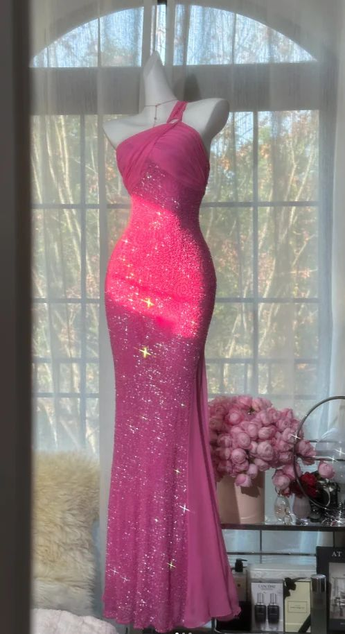 Chic Pink Long Prom Dresses One-shoulder Sheath Evening Dresses Tulle