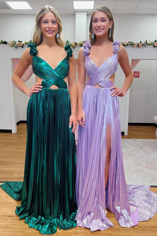 Chic & Modern A-Line V Neck Straps Sleeveless Pleated Ruched Prom Party Dress Open Back High Side Slit and Train Cocktail Dress