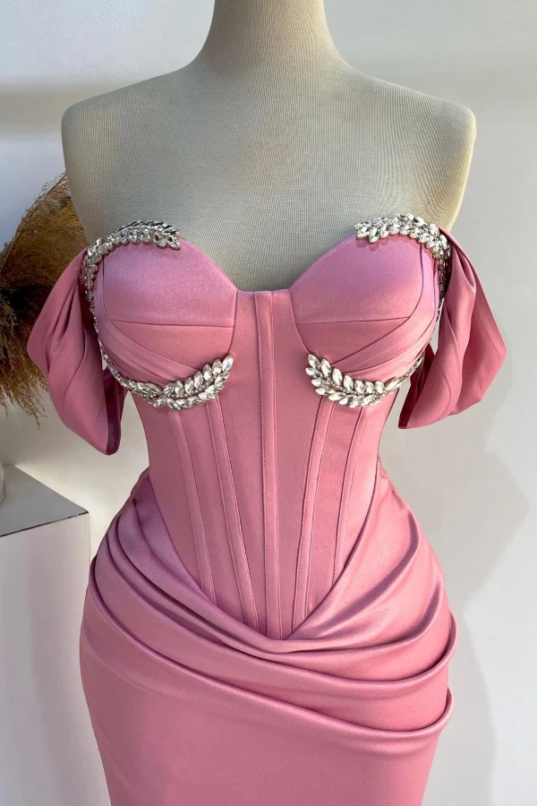 Chic & Modern Sheath Off Shoulder Sleeveless Pleated Crystal Beaded Baby Pink Side Slit Prom Party Dress Formal Evening Gown Cocktail Dress