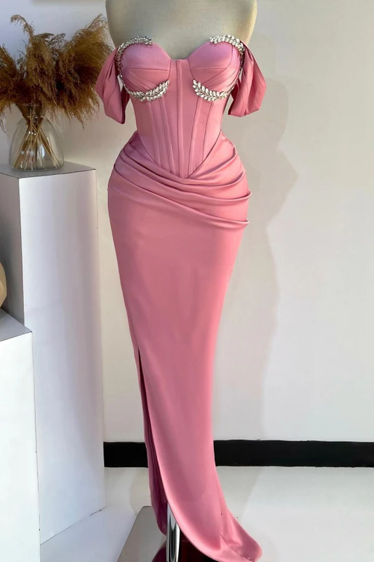 Chic & Modern Sheath Off Shoulder Sleeveless Pleated Crystal Beaded Baby Pink Side Slit Prom Party Dress Formal Evening Gown Cocktail Dress
