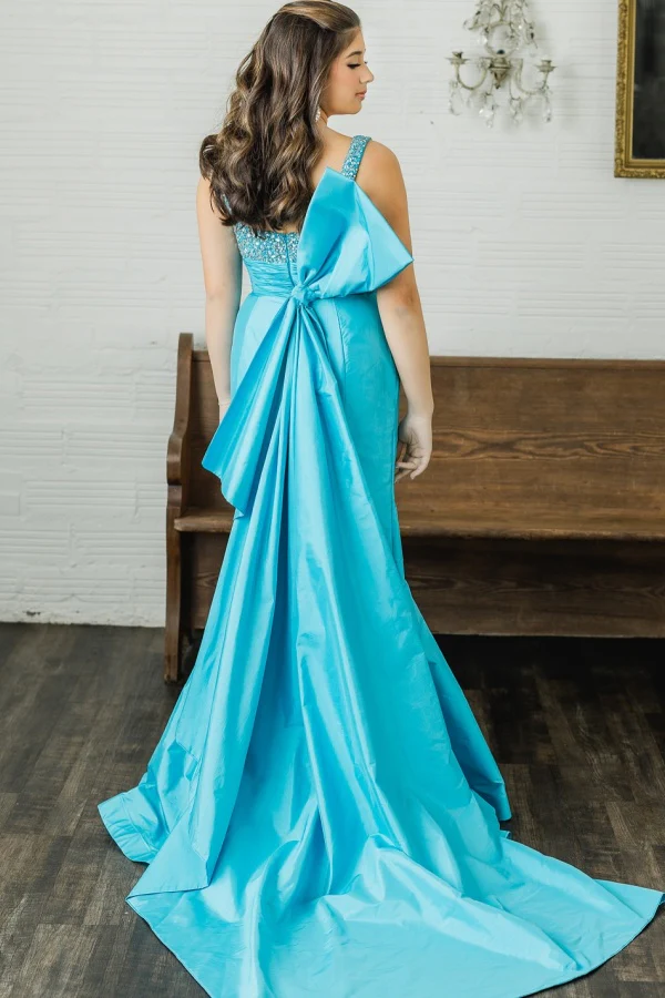 Chic & Modern Sheath Strapless Sleeveless Beaded Sequins Pleated Prom Party Dress High Side Slit and Train Bow Knot Formal Evening Gown