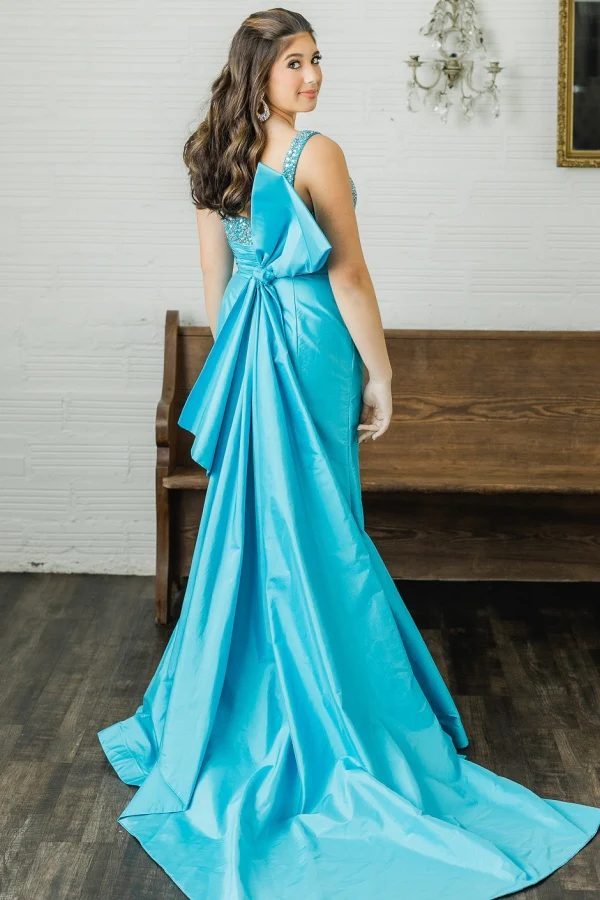 Chic & Modern Sheath Strapless Sleeveless Beaded Sequins Pleated Prom Party Dress High Side Slit and Train Bow Knot Formal Evening Gown