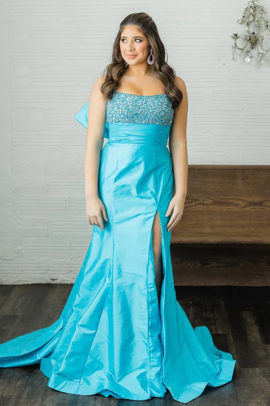 Chic & Modern Sheath Strapless Sleeveless Beaded Sequins Pleated Prom Party Dress High Side Slit and Train Bow Knot Formal Evening Gown