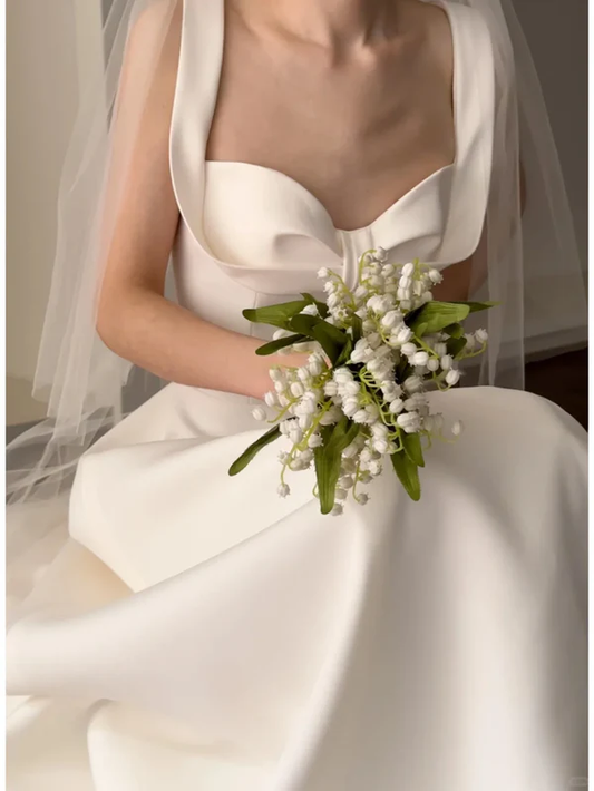 Classic Pretty A Line Spaghetti Straps White Satin Wedding Dress