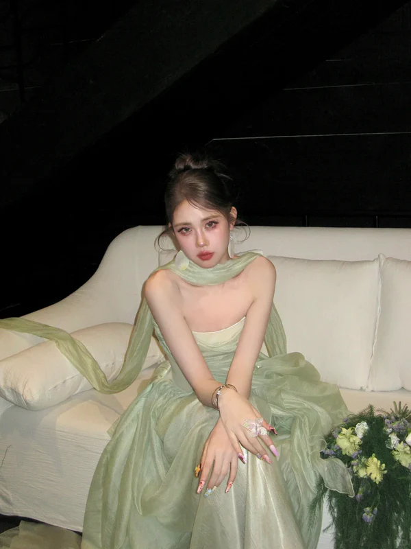 Classy A line Strapless Sage Green Satin Layers Long Prom Dresses Party Dress Birthday Outfits Graduation Dresses