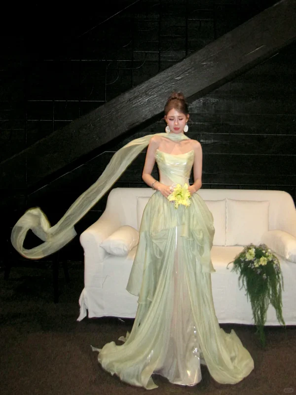 Classy A line Strapless Sage Green Satin Layers Long Prom Dresses Party Dress Birthday Outfits Graduation Dresses