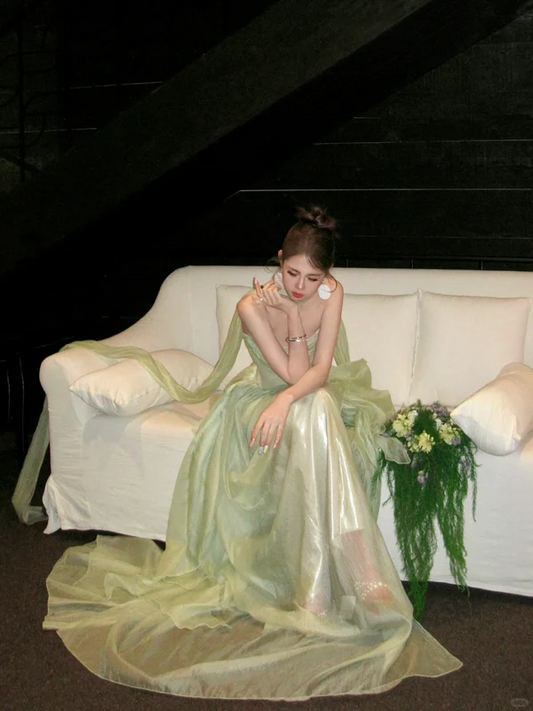 Classy A line Strapless Sage Green Satin Layers Long Prom Dresses Party Dress Birthday Outfits Graduation Dresses