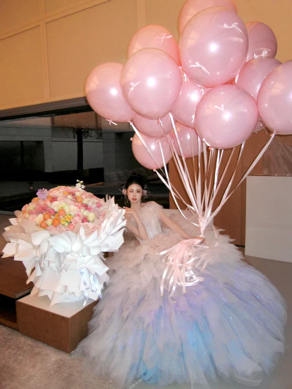Classy Ball Gown Strapless Pink Layers Tulle Long Prom Dresses Party Dress Birthday Outfits Graduation Dresses