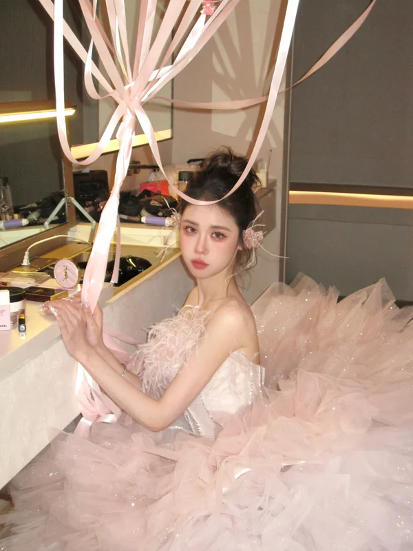 Classy Ball Gown Strapless Pink Layers Tulle Long Prom Dresses Party Dress Birthday Outfits Graduation Dresses