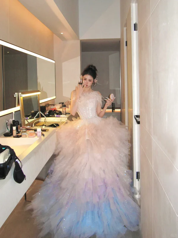 Classy Ball Gown Strapless Pink Layers Tulle Long Prom Dresses Party Dress Birthday Outfits Graduation Dresses
