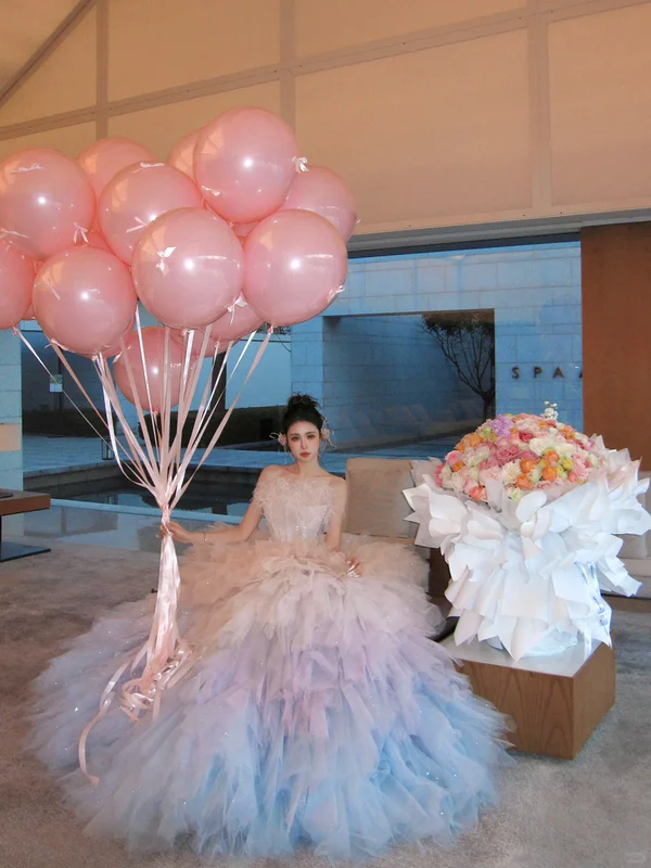 Classy Ball Gown Strapless Pink Layers Tulle Long Prom Dresses Party Dress Birthday Outfits Graduation Dresses