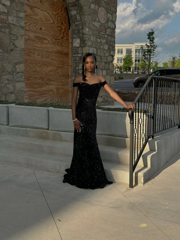 Classy Mermaid Off The Shoulder Black Sequin Black Girl Long Prom Dresses Party Dress Birthday Outfits Graduation Dresses