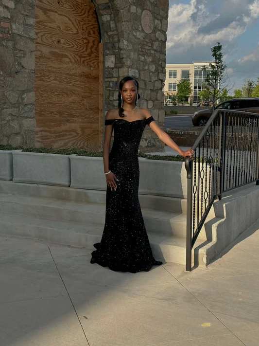 Classy Mermaid Off The Shoulder Black Sequin Black Girl Long Prom Dresses Party Dress Birthday Outfits Graduation Dresses