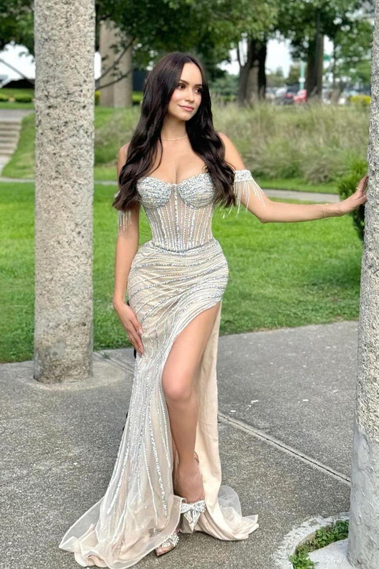 Classy Mermaid Off The Shoulder Champagne Sequin Split Black Girl Long Slit Prom Dresses Party Dress Birthday Outfits Graduation Dresses