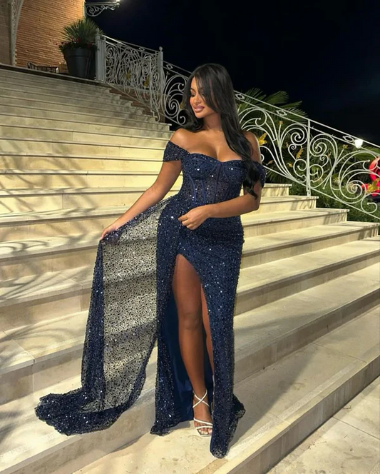 Classy Mermaid Off The Shoulder Navy Blue Sequin Black Girl Long Prom Dresses Party Dress Birthday Outfits Graduation Dresses
