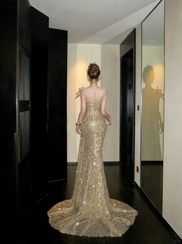 Classy Mermaid Scoop Sequin Gold Long Prom Dresses Party Dress Birthday Outfits Graduation Dresses