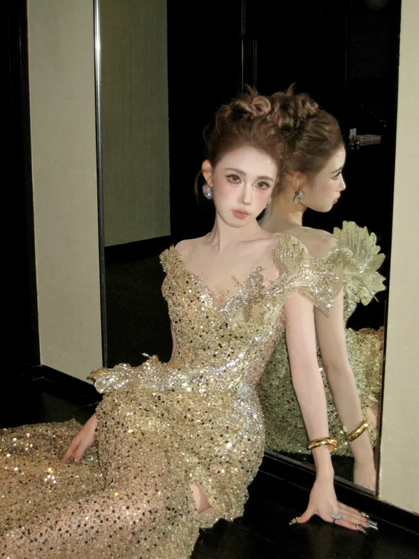 Classy Mermaid Scoop Sequin Gold Long Prom Dresses Party Dress Birthday Outfits Graduation Dresses