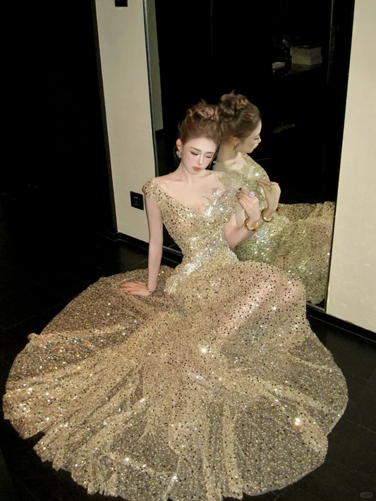 Classy Mermaid Scoop Sequin Gold Long Prom Dresses Party Dress Birthday Outfits Graduation Dresses