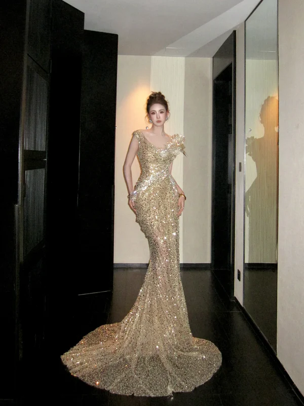 Classy Mermaid Scoop Sequin Gold Long Prom Dresses Party Dress Birthday Outfits Graduation Dresses