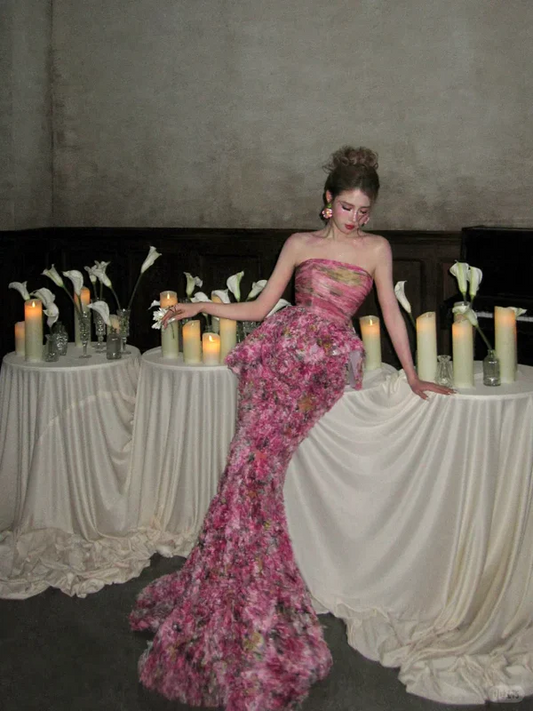 Classy Mermaid Strapless Pink Floral Rose Layers Long Prom Dresses Party Dress Birthday Outfits Graduation Dresses