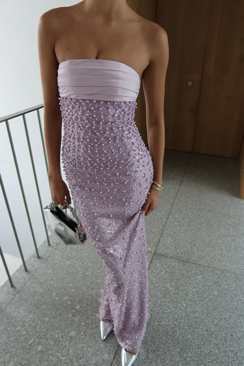 Classy Strapless Beaded Sleeveless Glitter Sheath Party Prom Dress