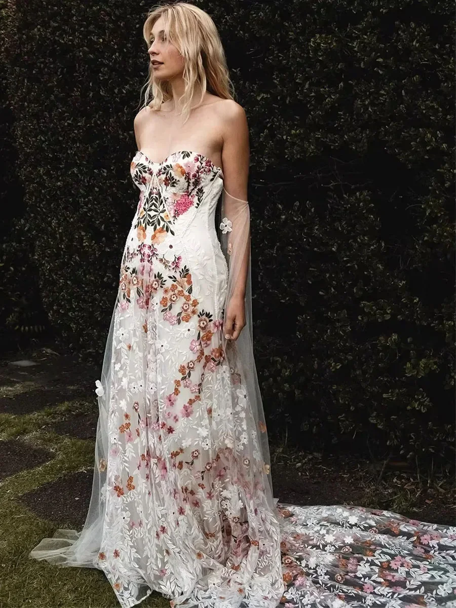 Colorful Floral Embroidery Wedding Dress Puffy Sleeves Customized Low Back Bridal Gown