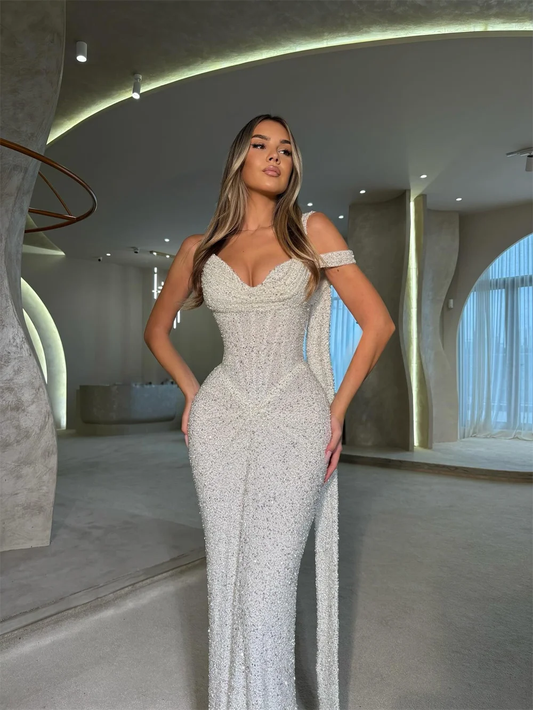 Customize Ivory Shiny One-Shoulder Mermaid Prom Dress Pleated Floor-length Sleeveless Evening Dresses