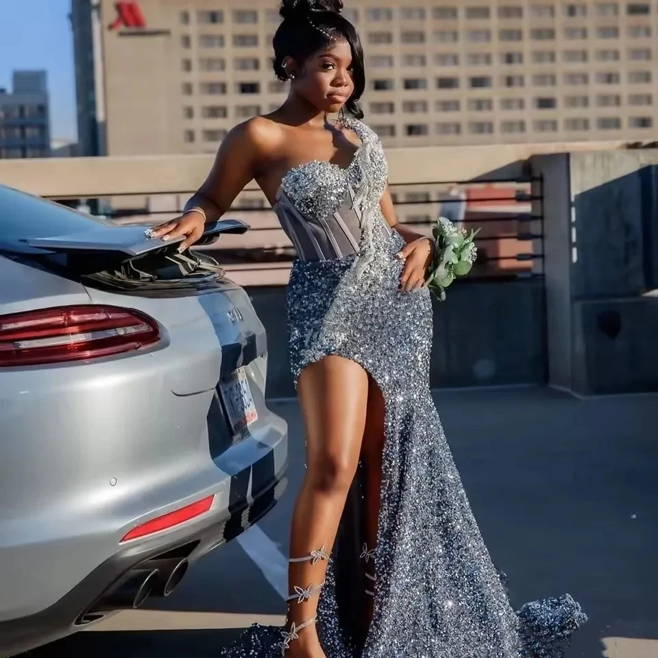 Customized 2026 Luxurious Shiny Silver Sequin Decal Mermaid Dance Dress One Shoulder V-Neck Side Slit Sexy Formal Party Dresses