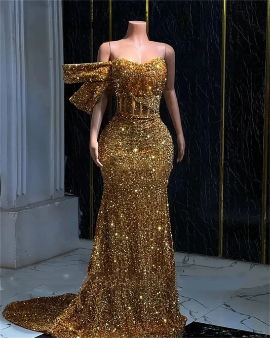Customized 2026 New Luxurious Sparkling Gold Glitter Mermaid Party Evening Dress Sexy Off Shoulder Formal Occasion Ball Dress