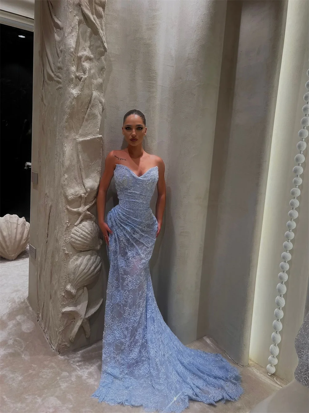 Customized Blue Sheath Shiny Beads Prom Dresses Sleeveless Pleats Heart Neck  Floor-Length Formal Evening