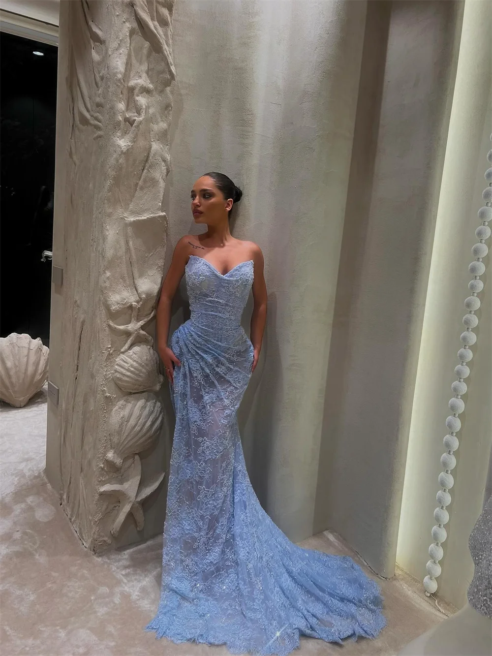 Customized Blue Sheath Shiny Beads Prom Dresses Sleeveless Pleats Heart Neck  Floor-Length Formal Evening