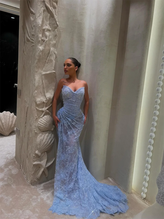 Customized Blue Sheath Shiny Beads Prom Dresses Sleeveless Pleats Heart Neck  Floor-Length Formal Evening