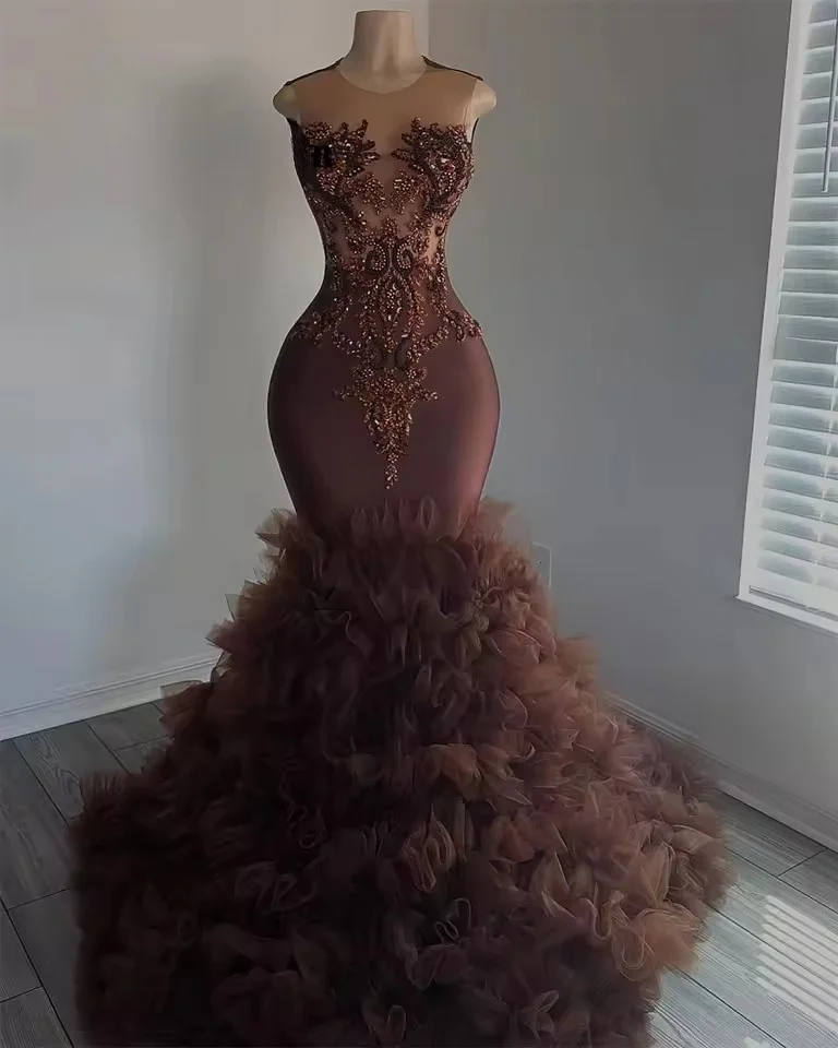 Customized Brown Tulle Ruched Train Rhinestone Prom Dress Black girl African Mermaid Elegant Dress For Wedding Party Gowns