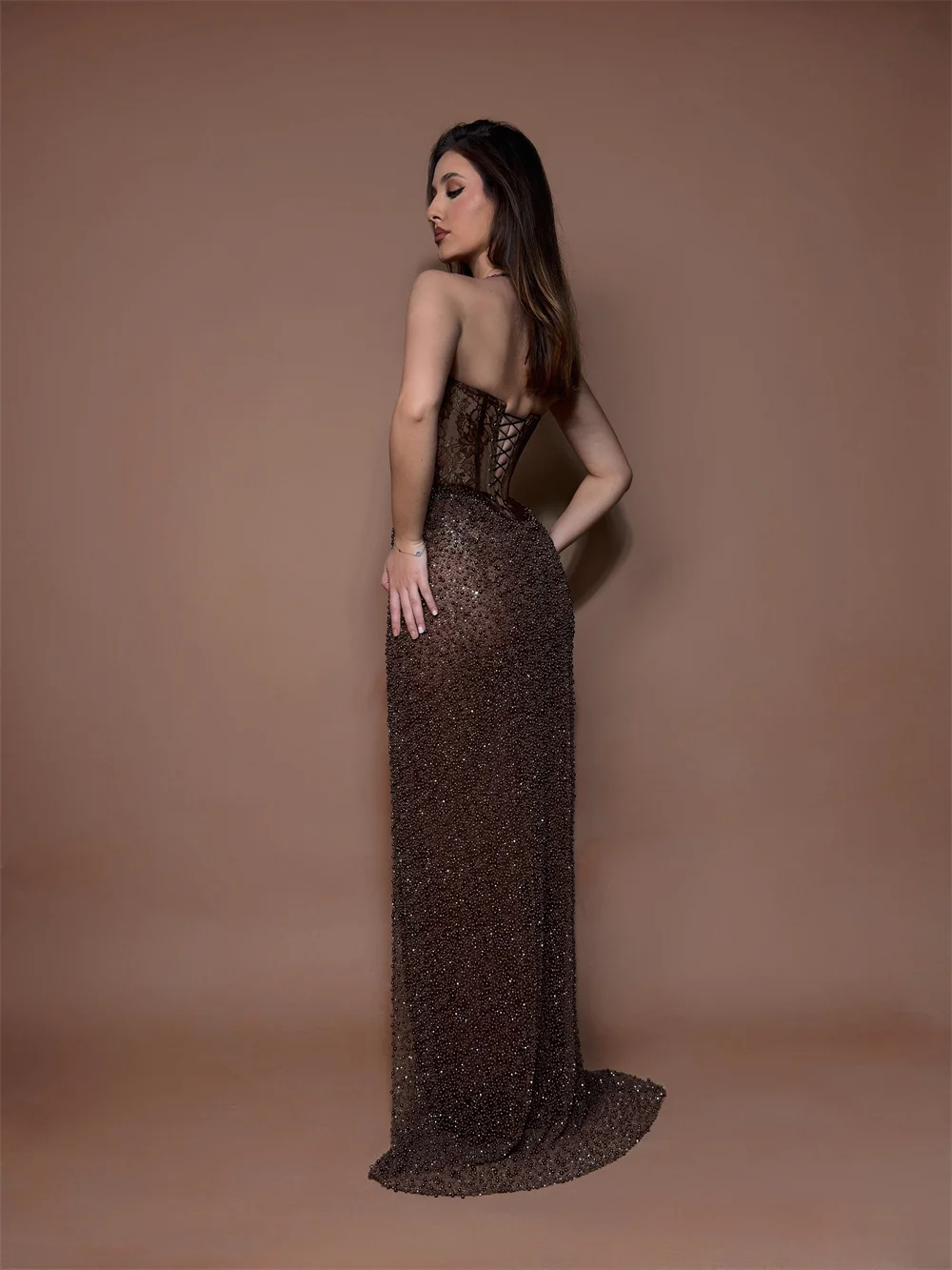 Customized Halter Neck Lace Mermaid Prom Dress Luxury Beads Side High Split Floor-length Formal Evening