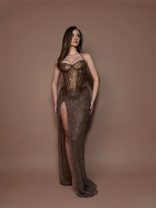 Customized Halter Neck Lace Mermaid Prom Dress Luxury Beads Side High Split Floor-length Formal Evening