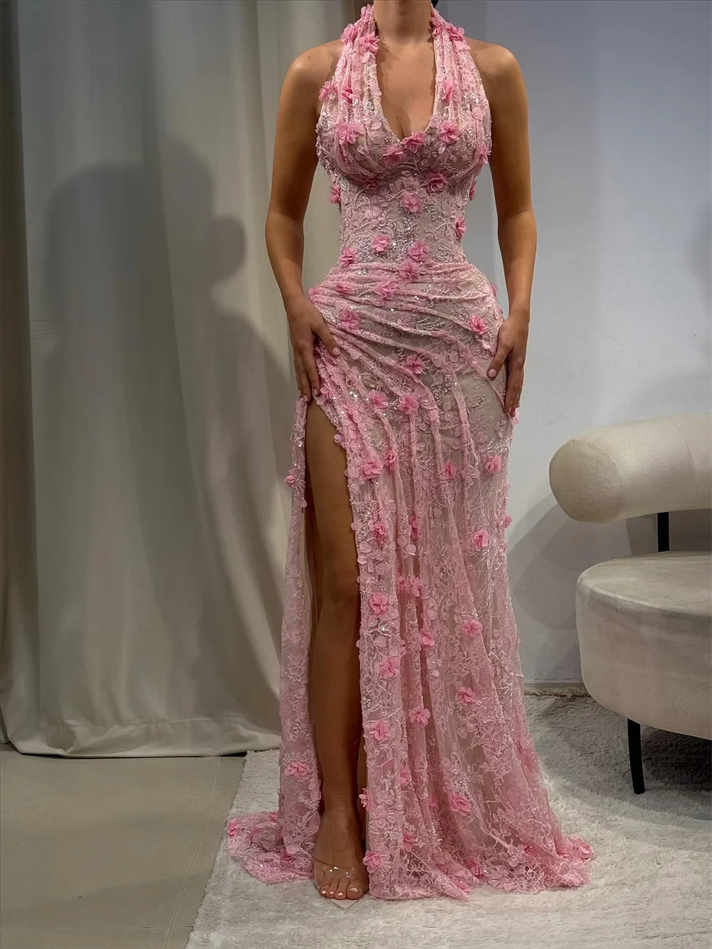 Customized Pink 3D Floral Lace Pleated Prom Dress Halter Neck Mermaid Side High Slit vestidos de noiva Floor-length Formal