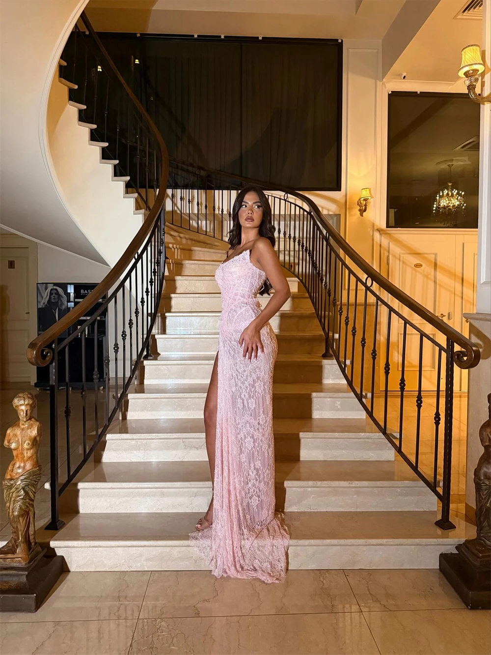 Customized Pink Mermaid Side High Split Pleats Prom Dress Sleeveless Floor-Length Formal Evening